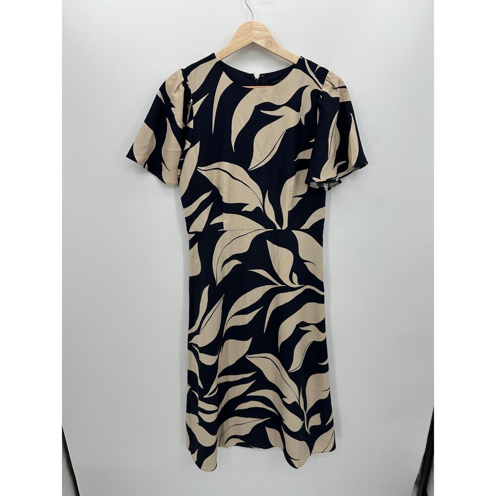 Ann Taylor Women Navy Blue Cream Leafed Midi Dress Size 2 Flare‎ Office Career